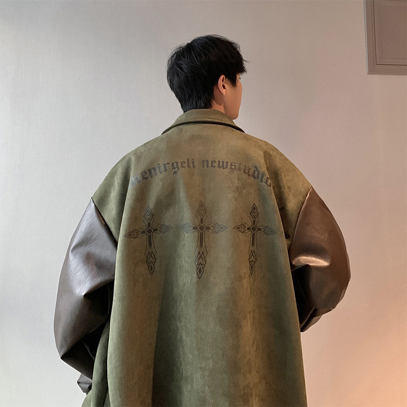 JK8817-P105控138抖音品23秋季美式复古麂皮绒拼皮夹克外套,男装夹克,电商A058-1（原电商C417）