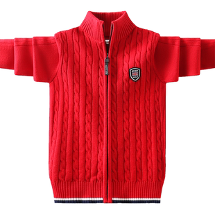 男童毛衣秋冬加厚针织开衫外套2025新款针织衫冬儿童红色加绒男孩