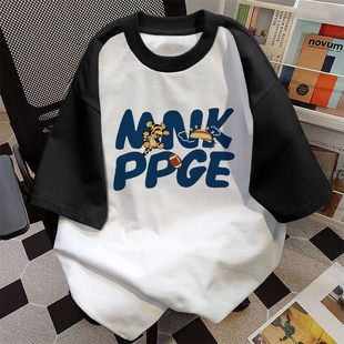 学生宽松半袖 潮流拼色插肩体恤2025夏季 上衣 t恤男ins美式 纯棉短袖