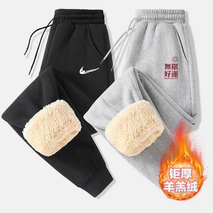 羊羔绒加绒加厚裤子男生冬季防寒青少年保暖休闲简约大码束脚长裤