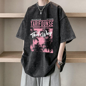 体恤衫 设计感夏季 复古纯棉半袖 t恤男ins潮牌宽松美式 水洗做旧短袖