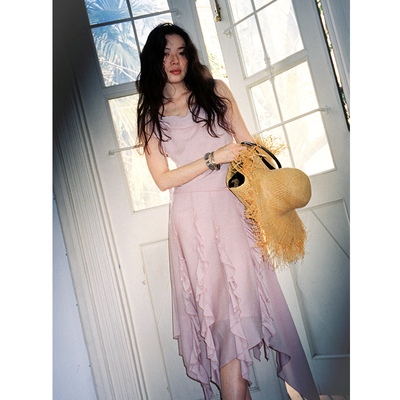 SUPERSCAPE素舶 法式多层次木耳边不规则下摆醋酸吊带连衣裙