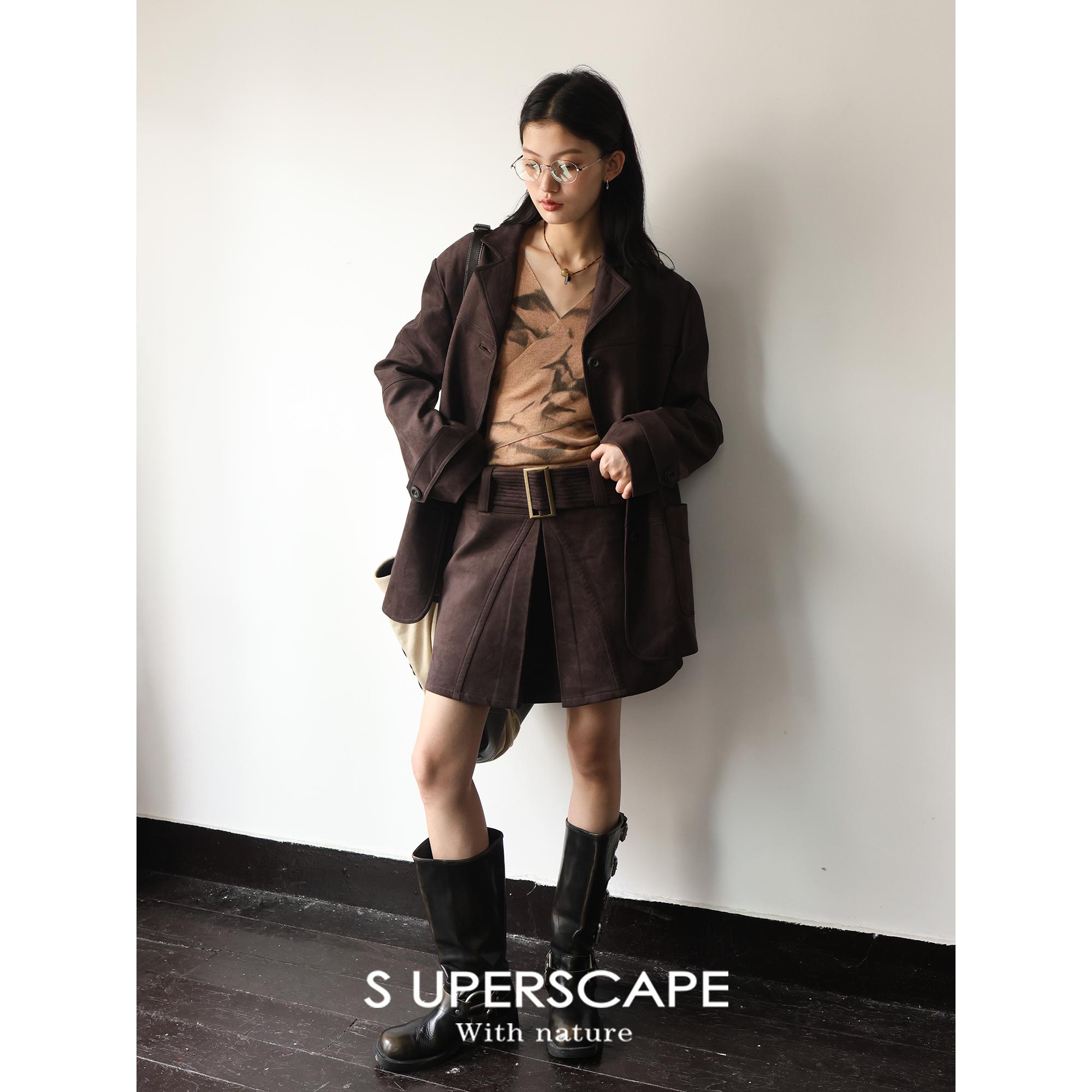 SUPERSCAPE素舶早秋嬉皮士复古麂皮绒压褶防走光内衬百搭小短裙