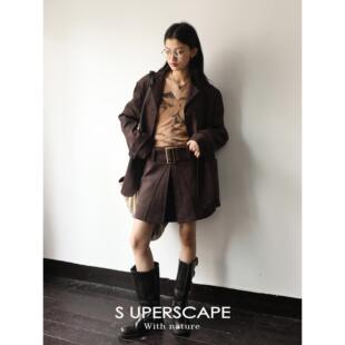 SUPERSCAPE素舶早秋嬉皮士复古麂皮绒压褶防走光内衬百搭小短裙