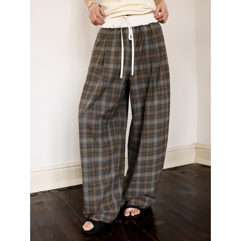 SUPERSCAPE素舶 复古廓形感撞色松紧腰抽绳宽松格纹阔腿裤