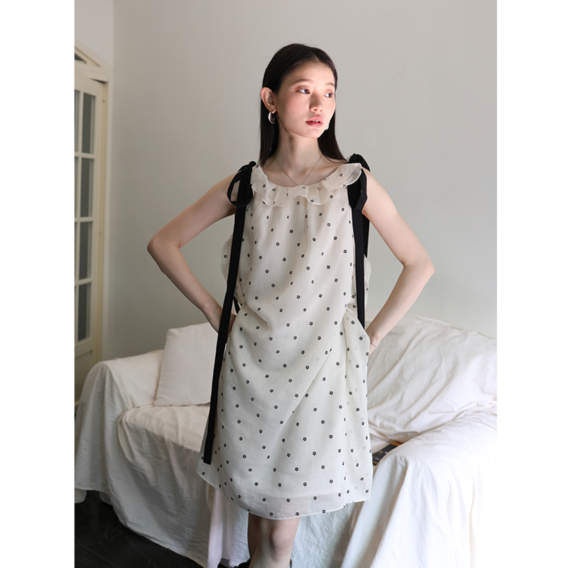 SUPERSCAPE素舶  轻薄提花波点小花朵撞色系带挂脖吊带裙
