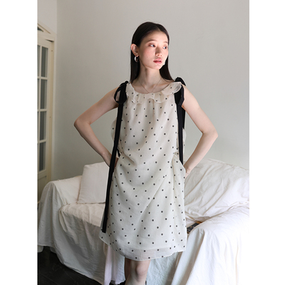 SUPERSCAPE素舶  轻薄提花波点小花朵撞色系带挂脖吊带裙