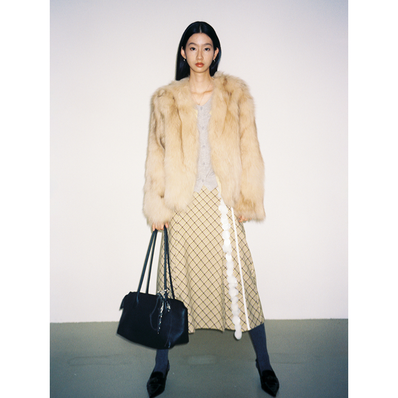 SUPERSCAPE素舶 黄咖格纹珠装饰片对褶A字半身裙