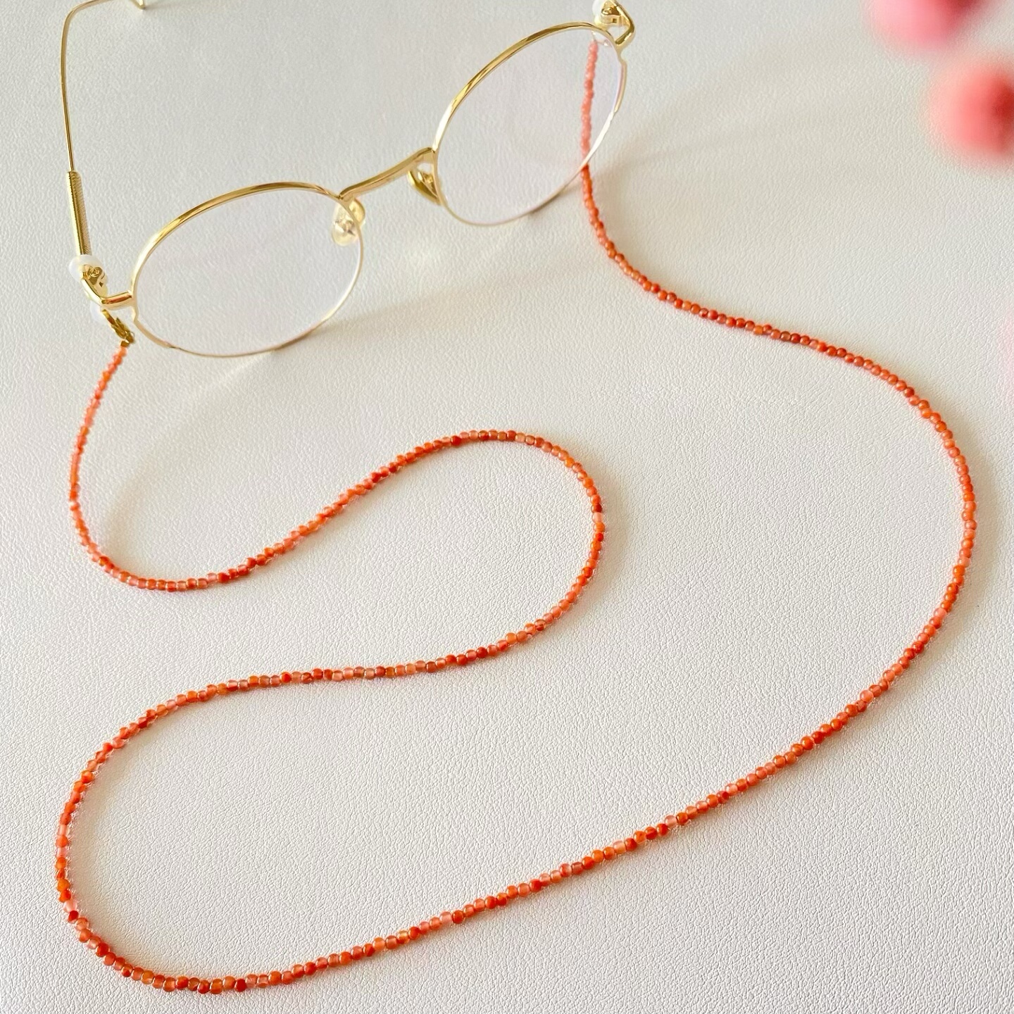 天然荔枝冻冰飘南红眼镜链时尚圆珠串珠项链耳机链新年红色眼镜绳