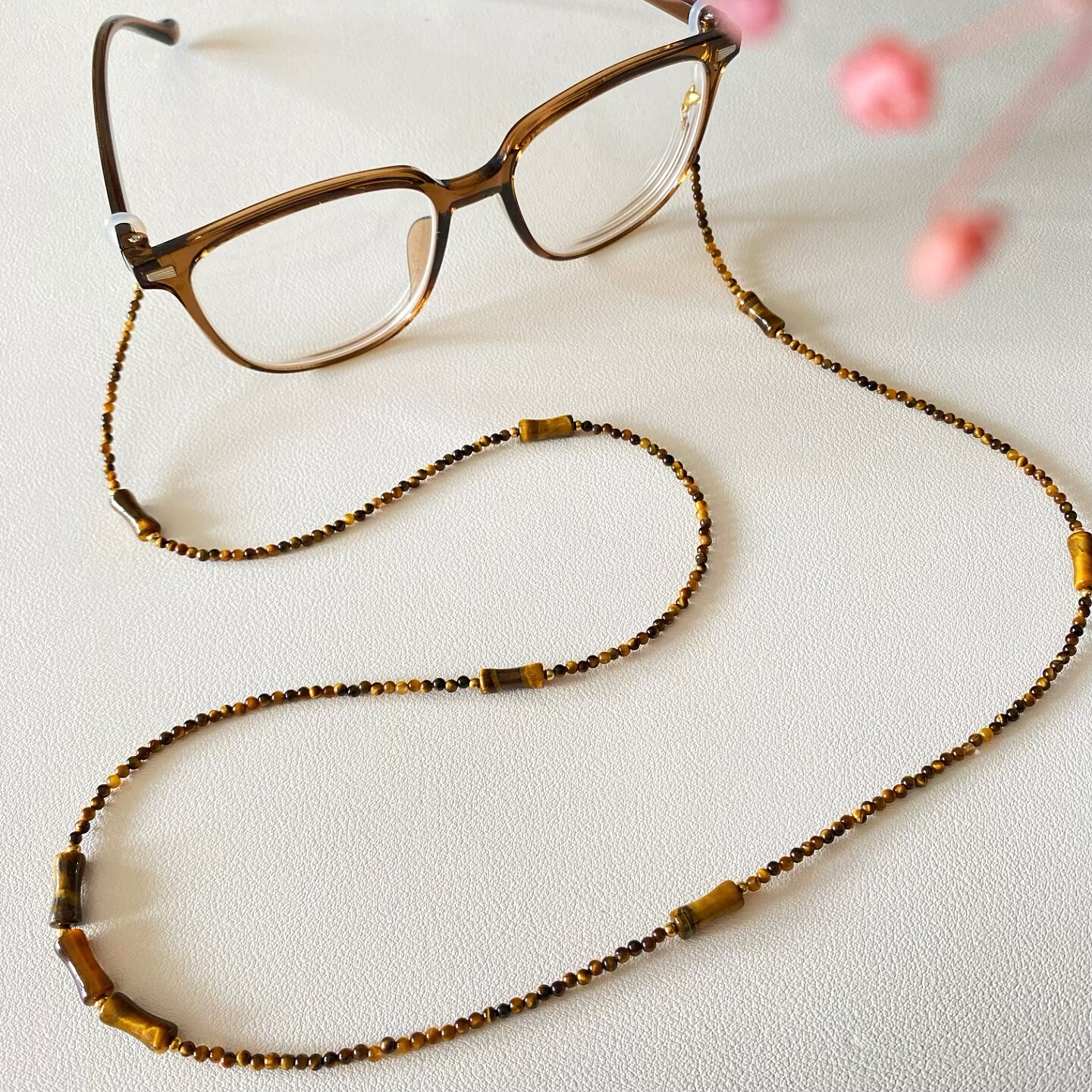 新中式国风加长款眼镜链焦糖色虎眼石耳机链复古老花镜墨镜防丢绳