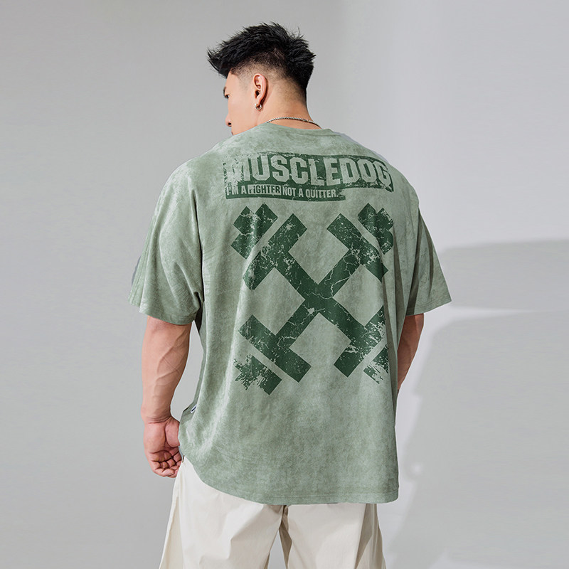 大码胖子运动休闲短袖t恤男夏季潮牌哑铃男士宽松训练服健身衣服
