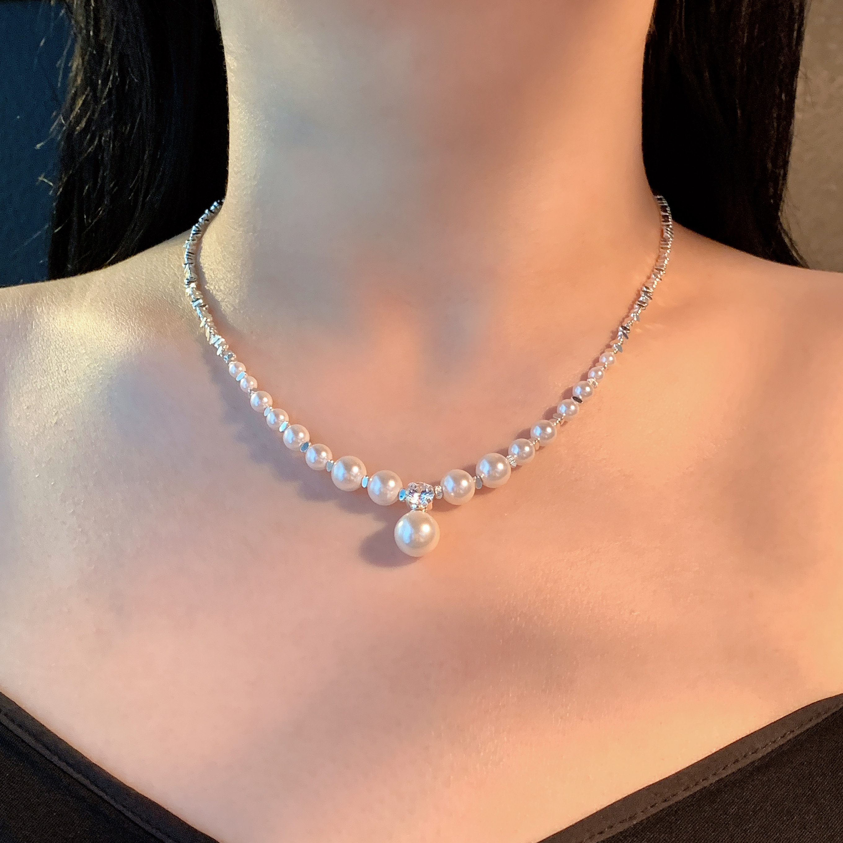 铜合金信珍珠项链碎银子胖MM大码简约小众项链加长高级感锁骨链