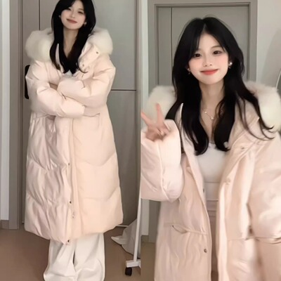 粉色小个子长款羽绒棉服