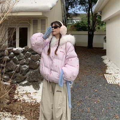 甜妹小个子条纹蝴蝶结棉服