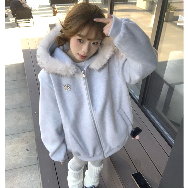 秋冬羽绒棉服女学院风加厚毛呢夹克外套小个子连帽拉链开衫卫衣潮