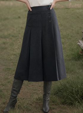 MSL绵羊毛中长款半裙腰头压线扣饰精纺百褶半身裙女显高显瘦裙子