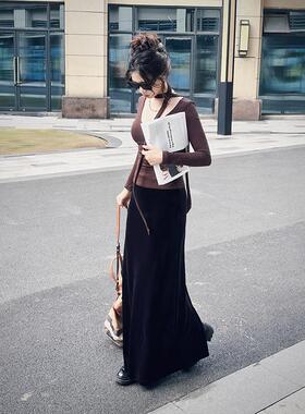 MSL金丝绒高级半身裙秋冬女新款黑色丝绒长裙超模法式立体加长a裙