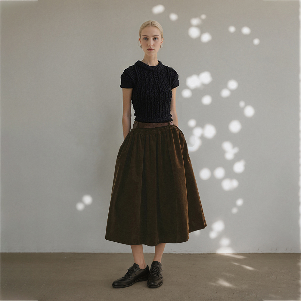 中长裙灯芯绒复古美式手工捏褶