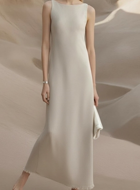 MSL100%亚麻手工流苏边裙摆后背深U领长裙女无袖休闲度假风连衣裙