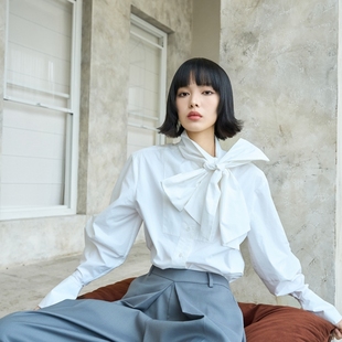 MSL奢牌原廠精梳長絨棉飄帶蝴蝶結(jié)襯衫 女上衣AN家同款 女春秋新款