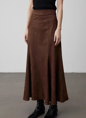 MSL咖色麂皮绒曲线显瘦鱼尾A字裙秋季新款高腰百搭摆浪半身裙