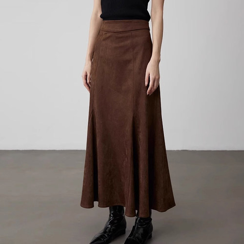 麂皮绒咖色显瘦A字鱼尾半身裙