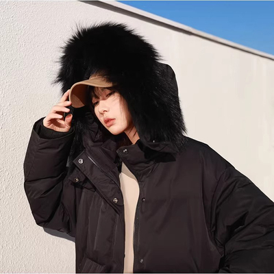 黑色大毛领加厚连帽长款羽绒服女