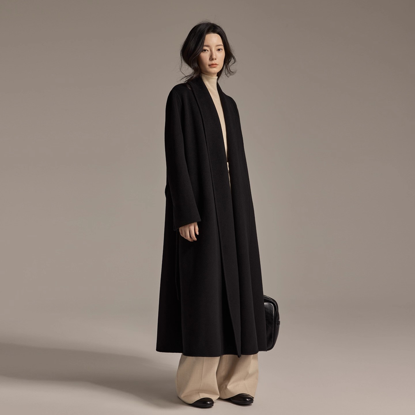 黑色宽松系带双面羊绒大衣女款2025新款秋冬中长款毛呢小个子外套