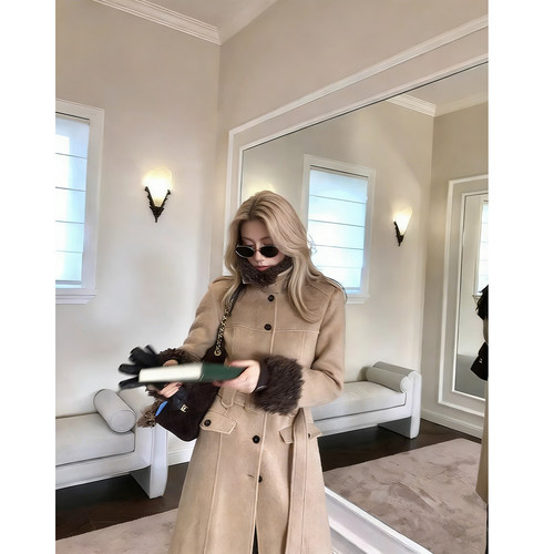 气质名媛毛呢大衣女款可拆卸毛领