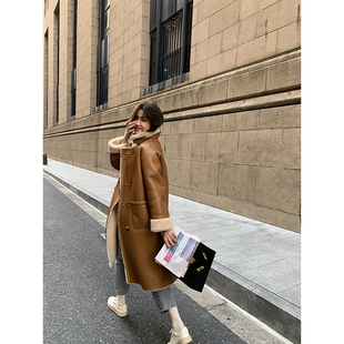 美利奴羊皮毛一体韩版方领两面穿机车长款大衣外套女2026新款冬季