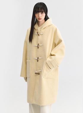 Pink ers联名款秋冬甜美学院风连帽毛呢大衣暖黄色中长款毛呢外套