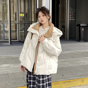 Pink ers联名款秋冬简约休闲系拼色短款羽绒服时尚加厚连帽外套女