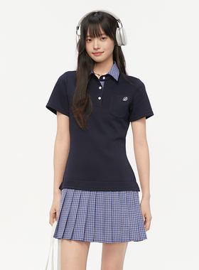 Pink ers联名款夏季学院风收腰polo领连衣裙格纹拼接撞色假两件裙
