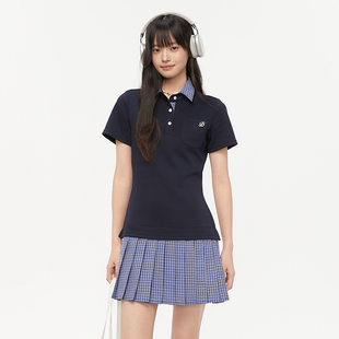 学院风收腰polo领连衣裙格纹拼接撞色假两件裙 夏季 Pink ers联名款