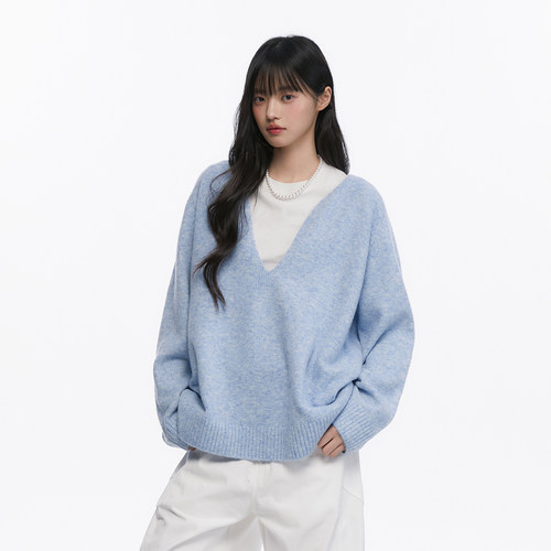 Pinkers联名款韩系氛围感复古V领针织衫女秋宽松休闲百搭上衣女