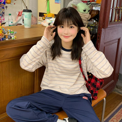 Pink ers联名款秋季韩系休闲宽松条纹T恤百搭显瘦圆领长袖上衣女