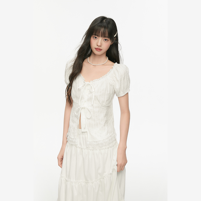 Pink ers联名款法式甜美蕾丝边绑带白色短袖衬衫女夏新款上衣女