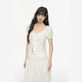 女夏新款 Pink 上衣女 甜美蕾丝边绑带白色短袖 衬衫 ers联名款 法式