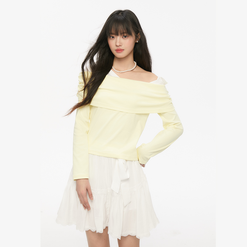 Pink ers联名款温柔简约风一字领假两件打底小众设计感长袖上衣女