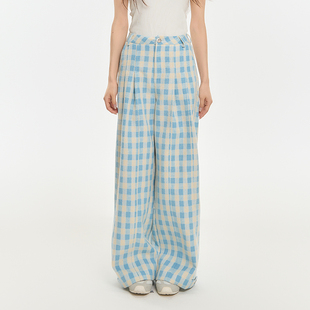 宽松休闲百搭长裤 春秋甜系清爽蓝白格子阔腿裤 女 ers联名款 Pink
