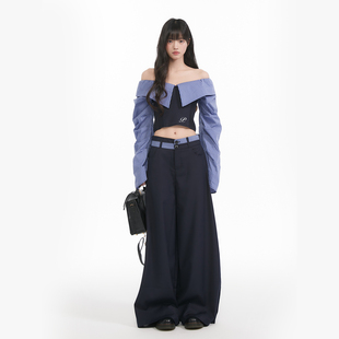 上衣女学院显瘦休闲裤 Pink 一字肩条纹拼接长袖 复古秋季 ers联名款