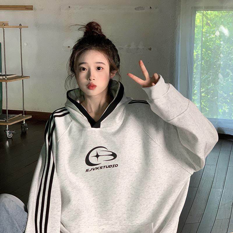 实拍卫衣男女情侣装春秋薄款2025宽松印花外套连帽韩版上衣200斤