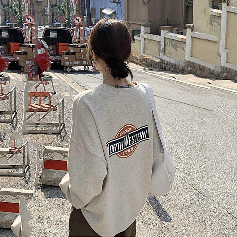 字母印花长袖薄款卫衣外套2025新款秋季女装宽松中长款套头上衣潮