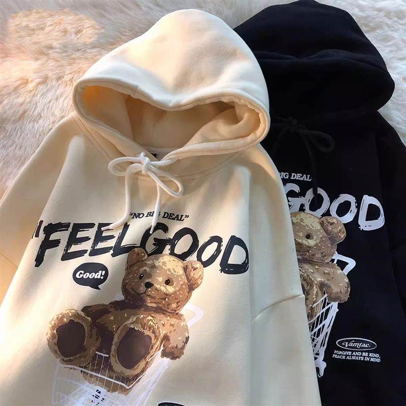 卫衣女ins潮秋冬新款油画印花连帽中长款加绒慵懒风bf宽松外套女