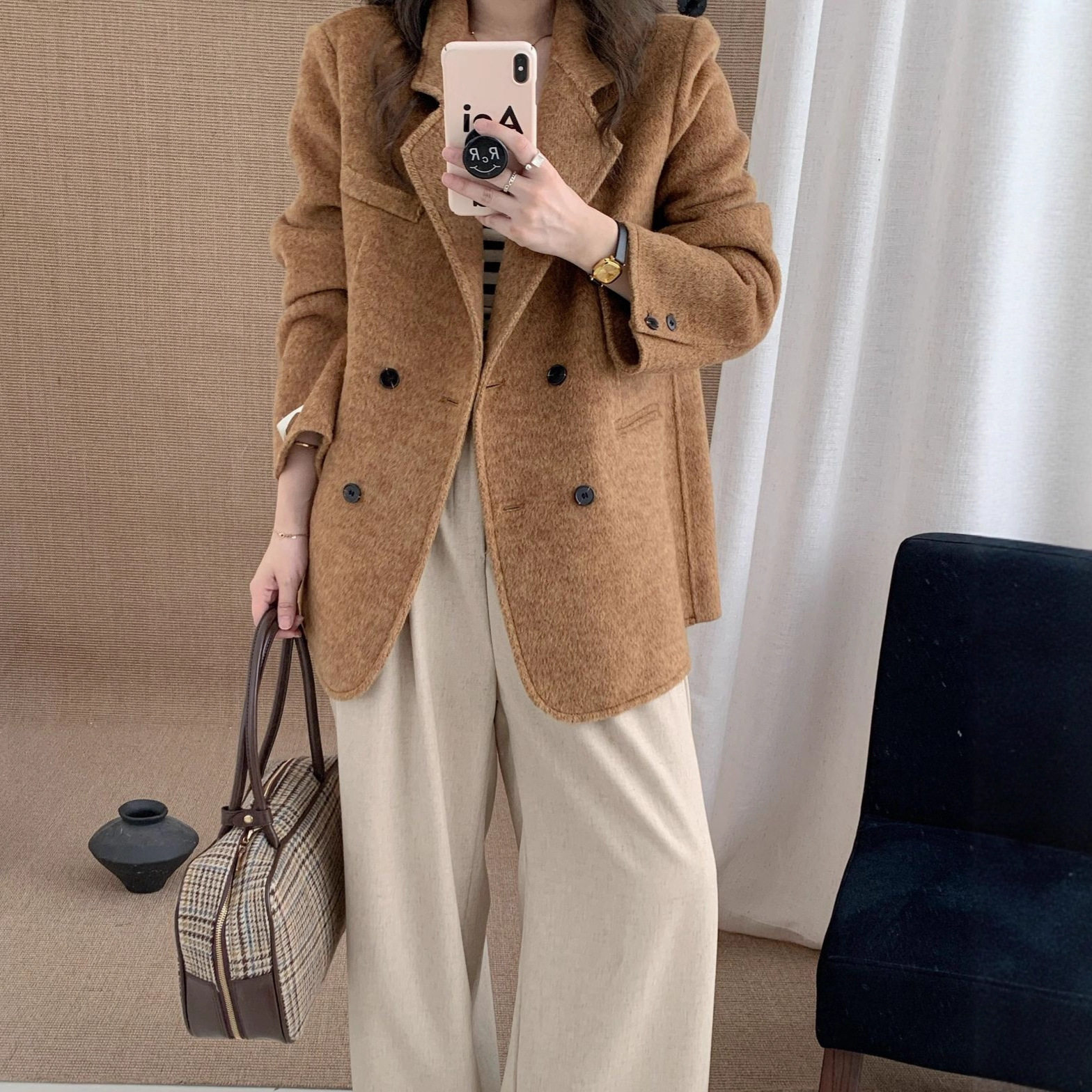 双面大衣女中长款双排扣西装款加厚韩版通勤毛呢外套2026新款呢子