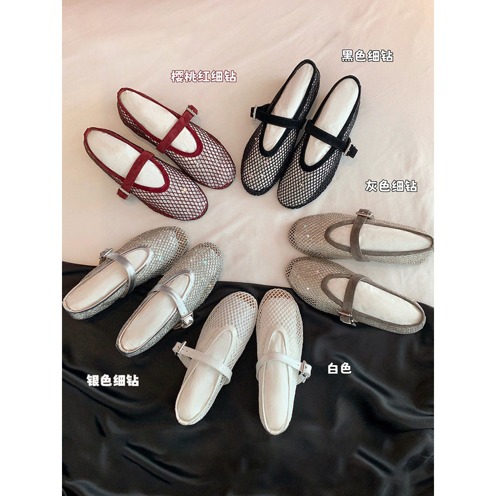 仙女满天星芭蕾鞋~3cm内增高水钻网面平底一字带玛丽珍单鞋女凉鞋