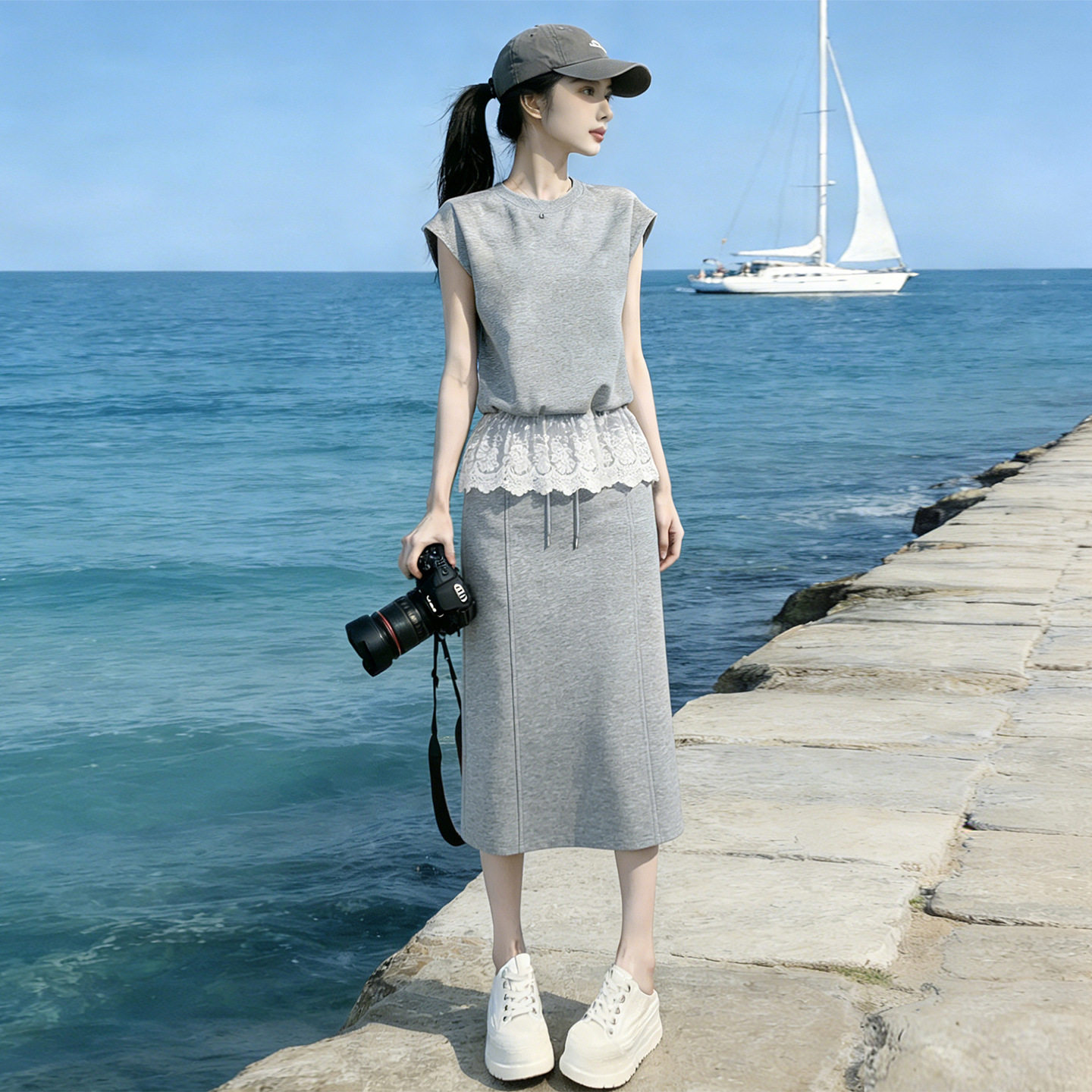 2026夏季欧货气质时尚套裙女设计感洋气灰色短袖上衣半身裙两件套