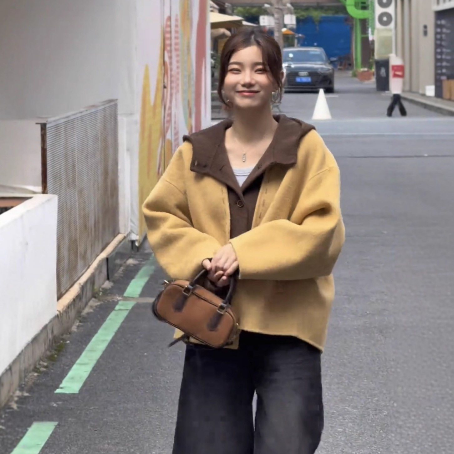 秋冬新款双面羊毛大衣女连帽背心两件套阔版明线短款韩系毛呢外套
