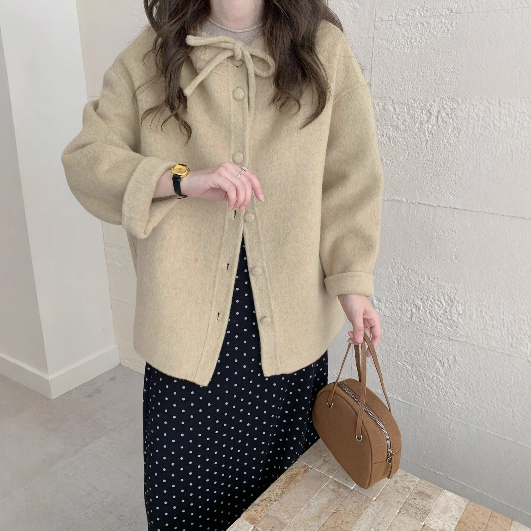 2026秋冬新款韩版宽松双面羊绒大衣女蝴蝶结连帽短款厚羊毛呢外套