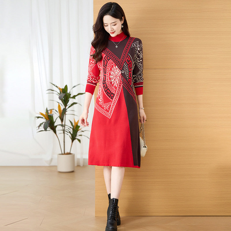 实拍文艺优雅提花过膝针织连衣裙女2025秋冬新款宽松加厚毛衣裙子,女装/女士精品,连衣裙,淘宝优惠券,粉丝福利购,淘宝优惠卷